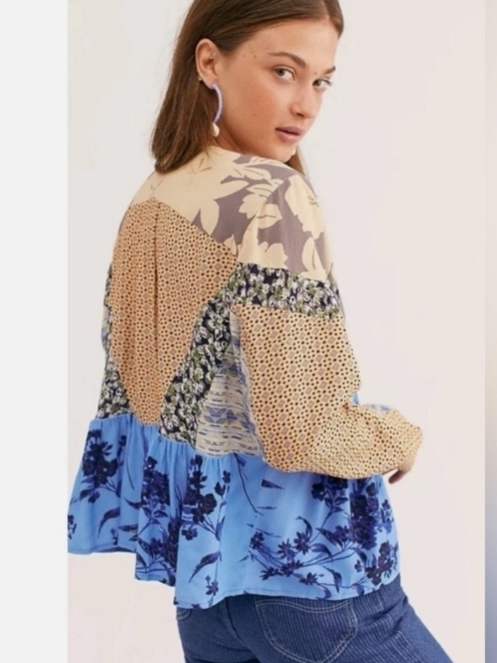 Free People Aloha State of Mind Storm Cloud Patchwork Peplum Blouse L - Picture 6 of 12